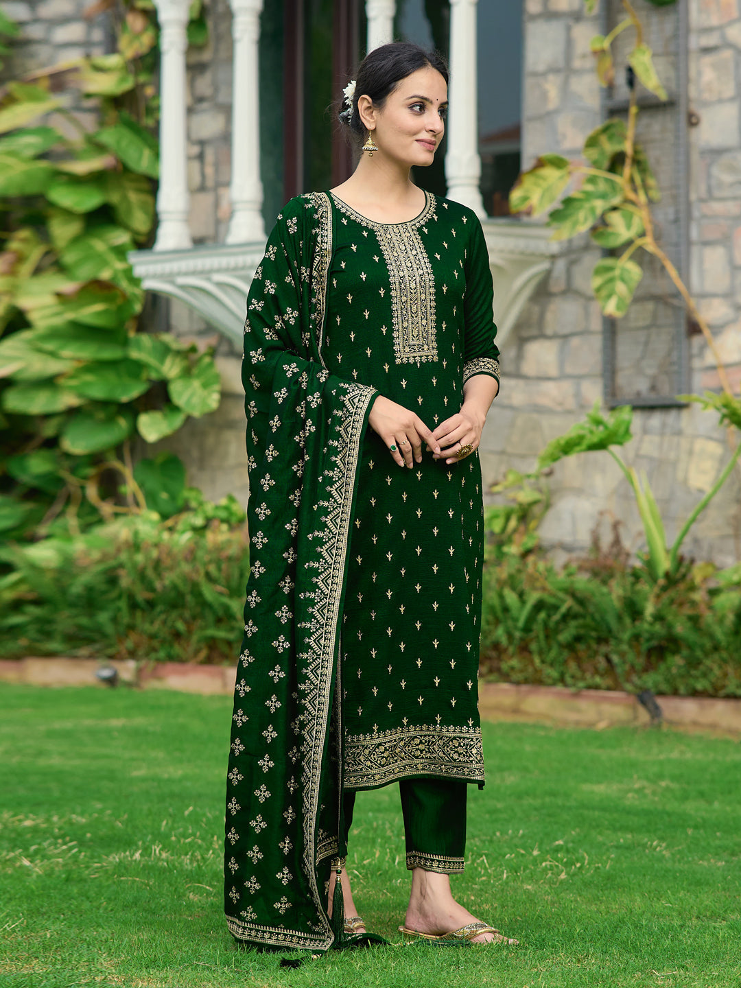 Embroidered Kurta With Pant & Embroidered Dupatta, Bottle-Green - Hiral Fashion