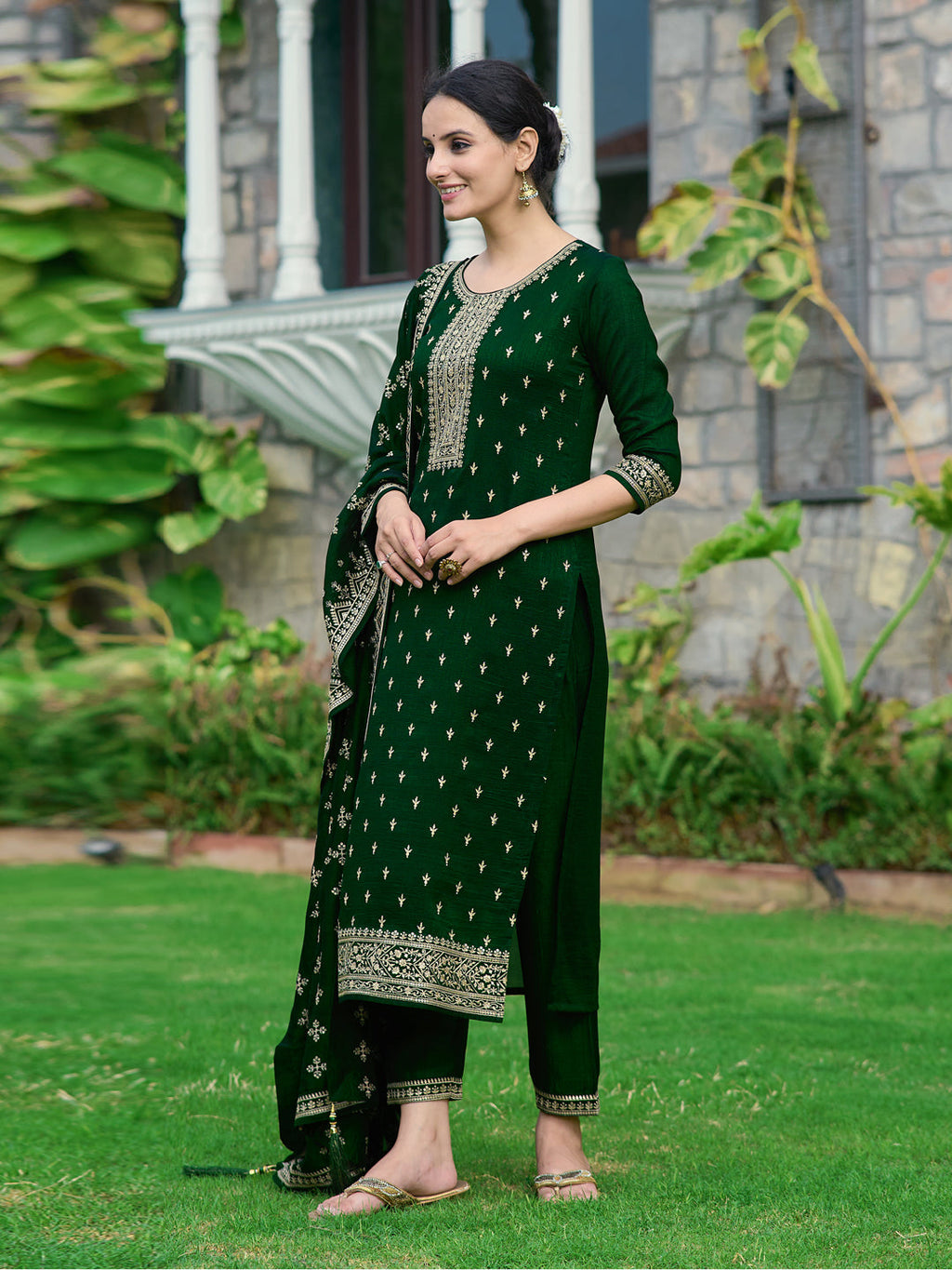 Embroidered Kurta With Pant & Embroidered Dupatta, Bottle-Green - Hiral Fashion