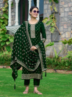 Embroidered Kurta With Pant & Embroidered Dupatta, Bottle-Green - Hiral Fashion