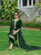 Embroidered Kurta With Pant & Embroidered Dupatta, Bottle-Green - Hiral Fashion