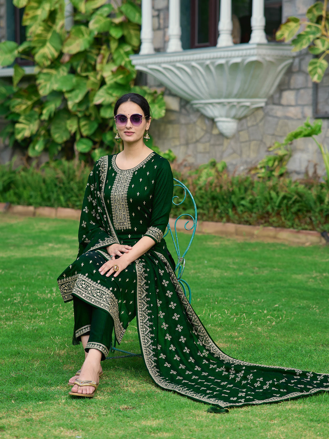 Embroidered Kurta With Pant & Embroidered Dupatta, Bottle-Green - Hiral Fashion