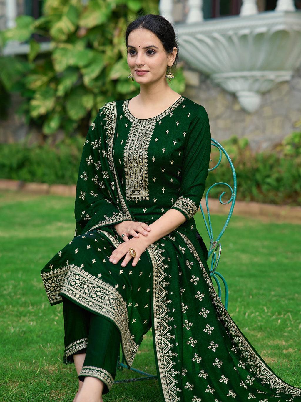 Embroidered Kurta With Pant & Embroidered Dupatta, Bottle-Green - Hiral Fashion
