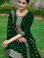 Embroidered Kurta With Pant & Embroidered Dupatta, Bottle-Green - Hiral Fashion