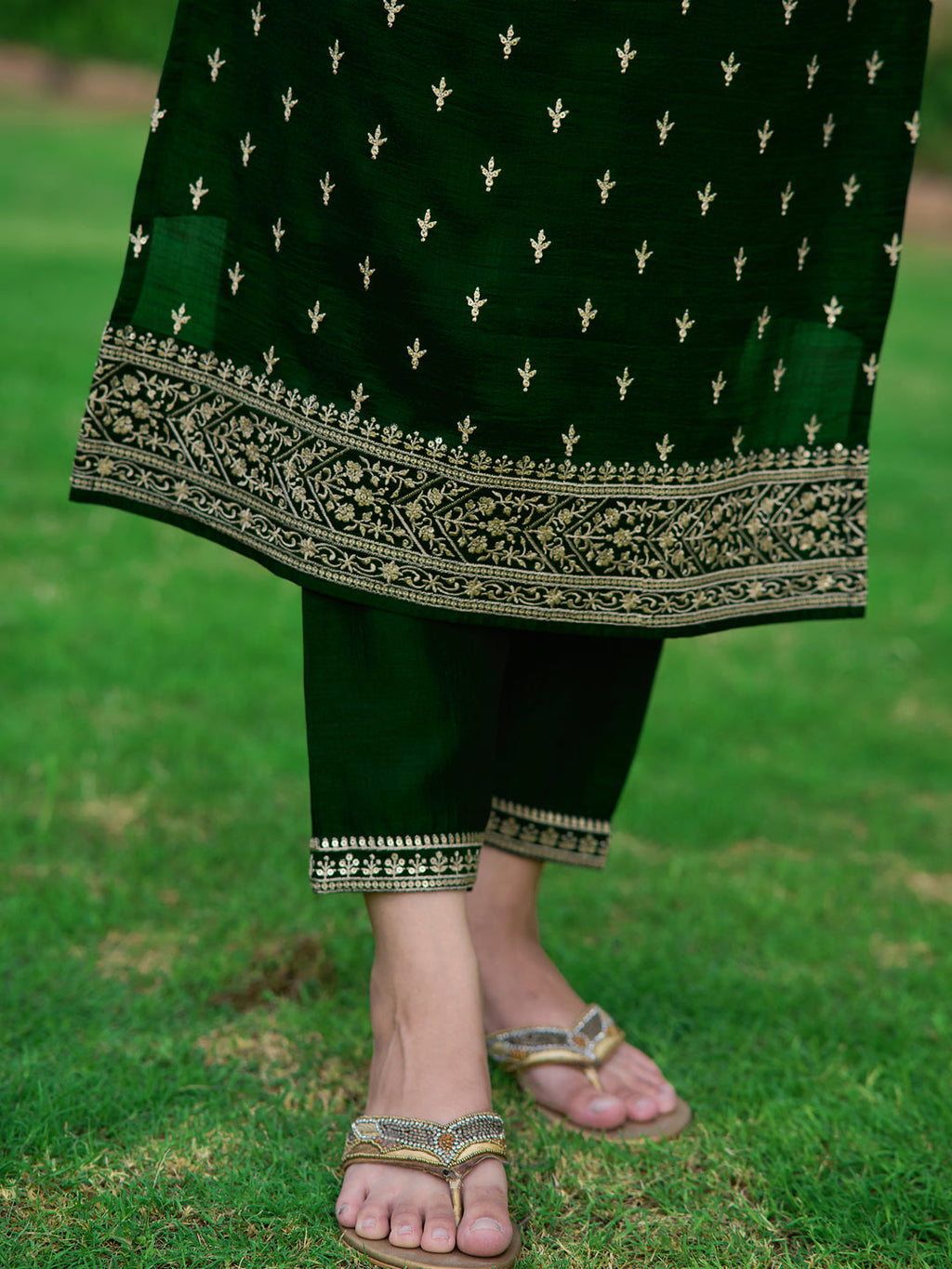 Embroidered Kurta With Pant & Embroidered Dupatta, Bottle-Green - Hiral Fashion