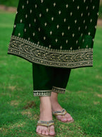 Embroidered Kurta With Pant & Embroidered Dupatta, Bottle-Green - Hiral Fashion