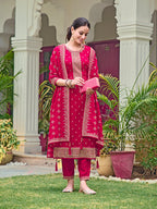 Embroidered Kurta With Pant & Embroidered Dupatta, Pink - Hiral Fashion
