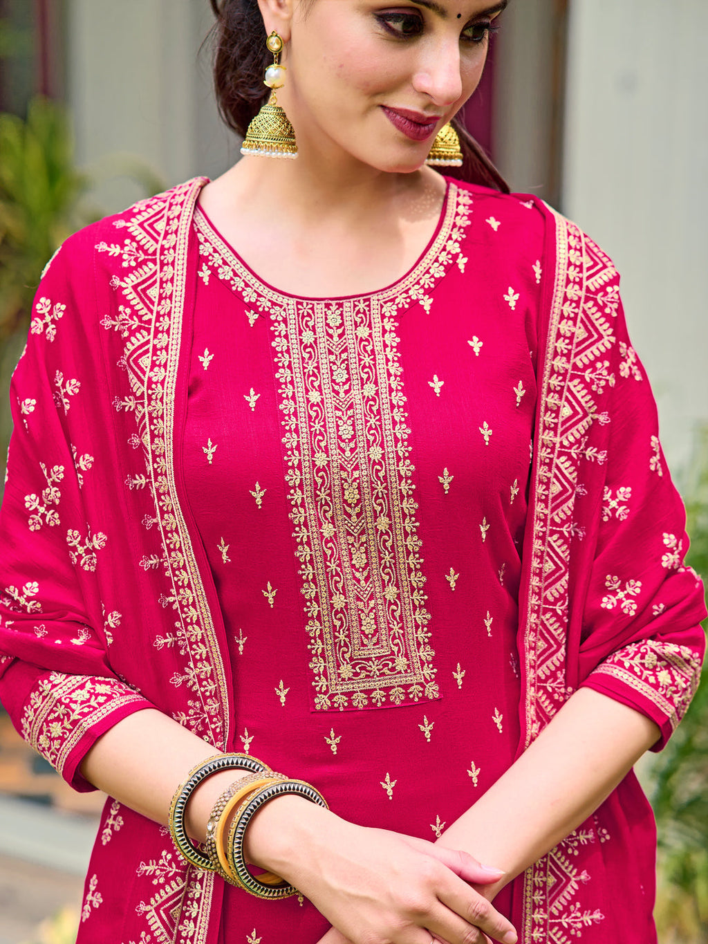 Embroidered Kurta With Pant & Embroidered Dupatta, Pink - Hiral Fashion
