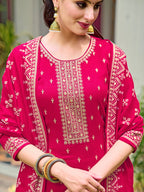 Embroidered Kurta With Pant & Embroidered Dupatta, Pink - Hiral Fashion