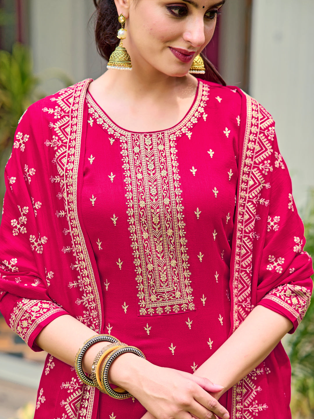 Embroidered Kurta With Pant & Embroidered Dupatta, Pink - Hiral Fashion