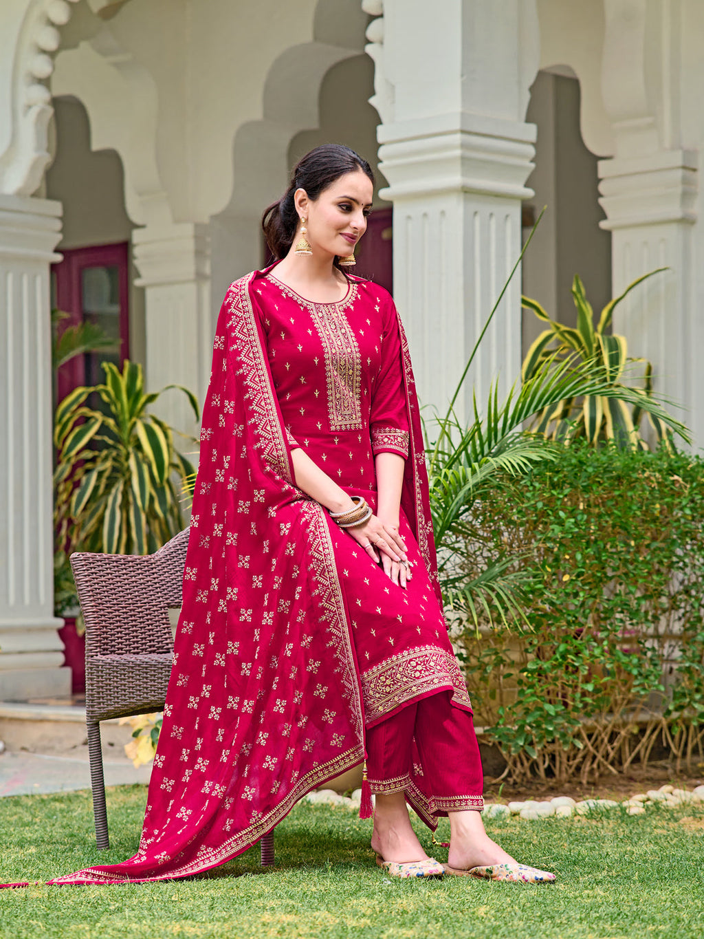 Embroidered Kurta With Pant & Embroidered Dupatta, Pink - Hiral Fashion