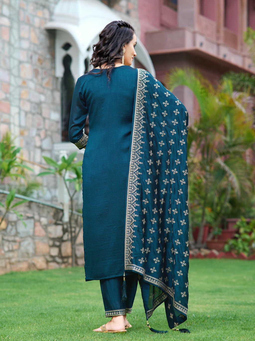 Embroidered Kurta With Pant & Embroidered Dupatta, Navy Blue - Hiral Fashion
