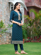 Embroidered Kurta With Pant & Embroidered Dupatta, Navy Blue - Hiral Fashion
