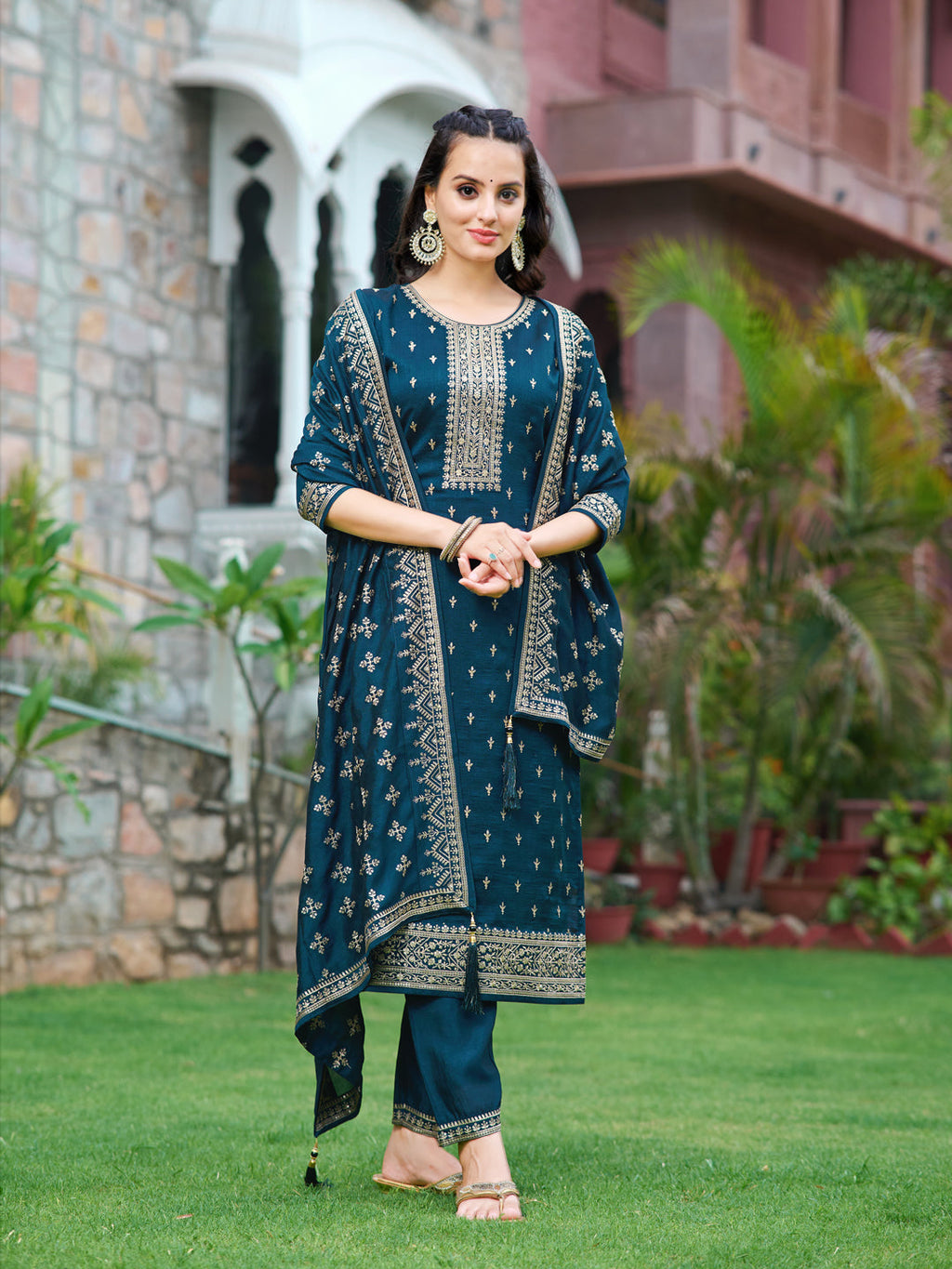 Embroidered Kurta With Pant & Embroidered Dupatta, Navy Blue - Hiral Fashion