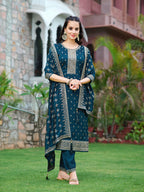 Embroidered Kurta With Pant & Embroidered Dupatta, Navy Blue - Hiral Fashion