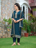 Embroidered Kurta With Pant & Embroidered Dupatta, Navy Blue - Hiral Fashion