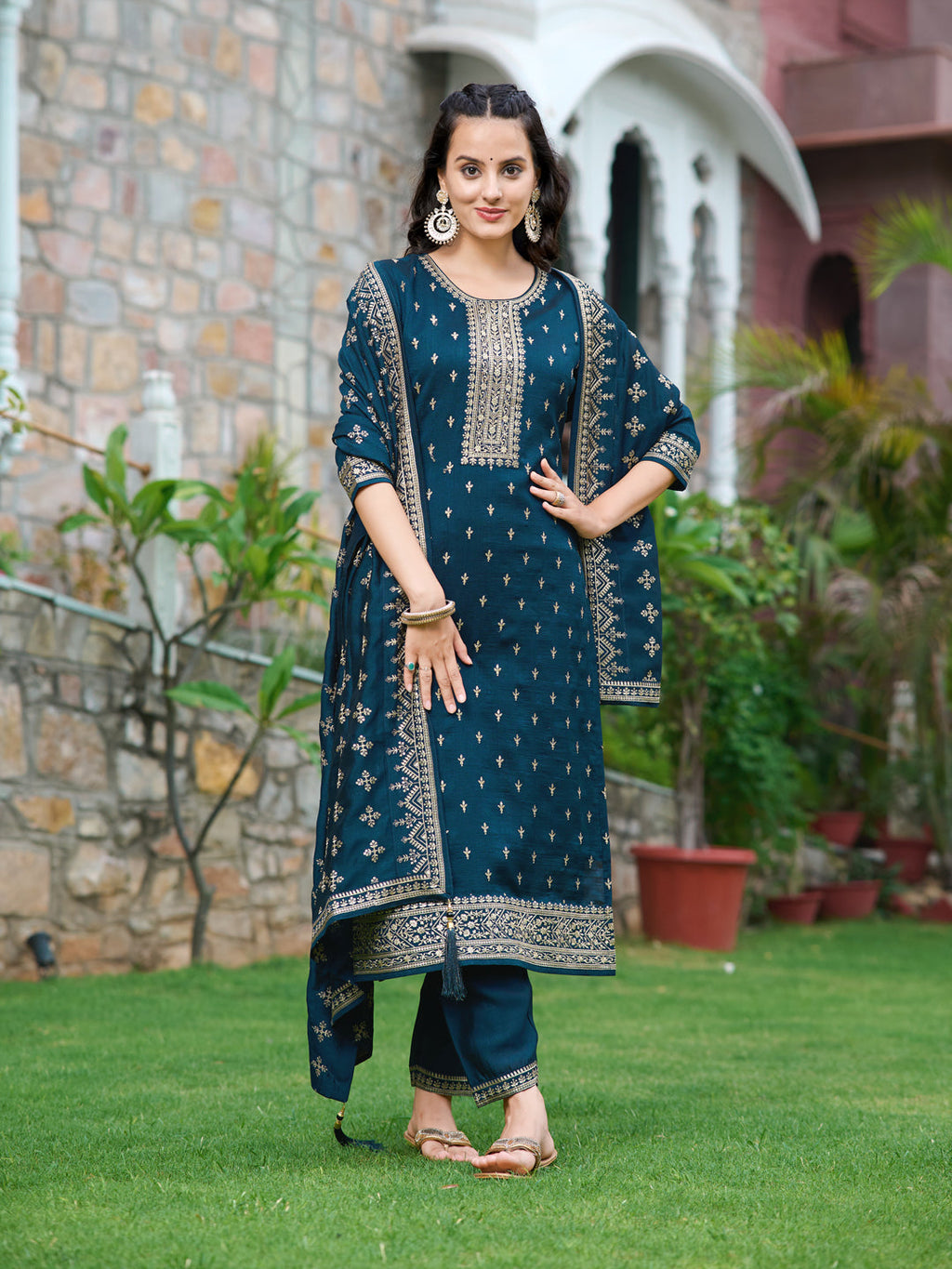 Embroidered Kurta With Pant & Embroidered Dupatta, Navy Blue - Hiral Fashion