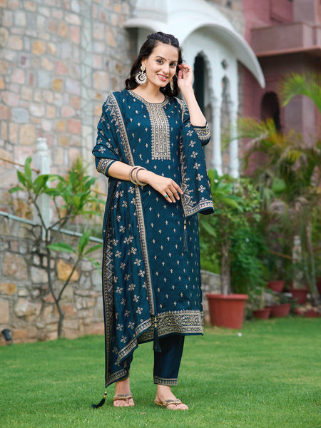 Embroidered Kurta With Pant & Embroidered Dupatta, Navy Blue - Hiral Fashion
