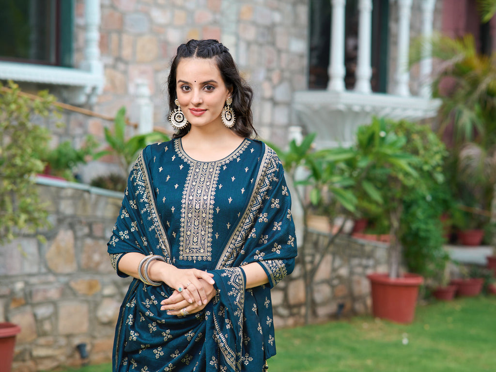 Embroidered Kurta With Pant & Embroidered Dupatta, Navy Blue - Hiral Fashion