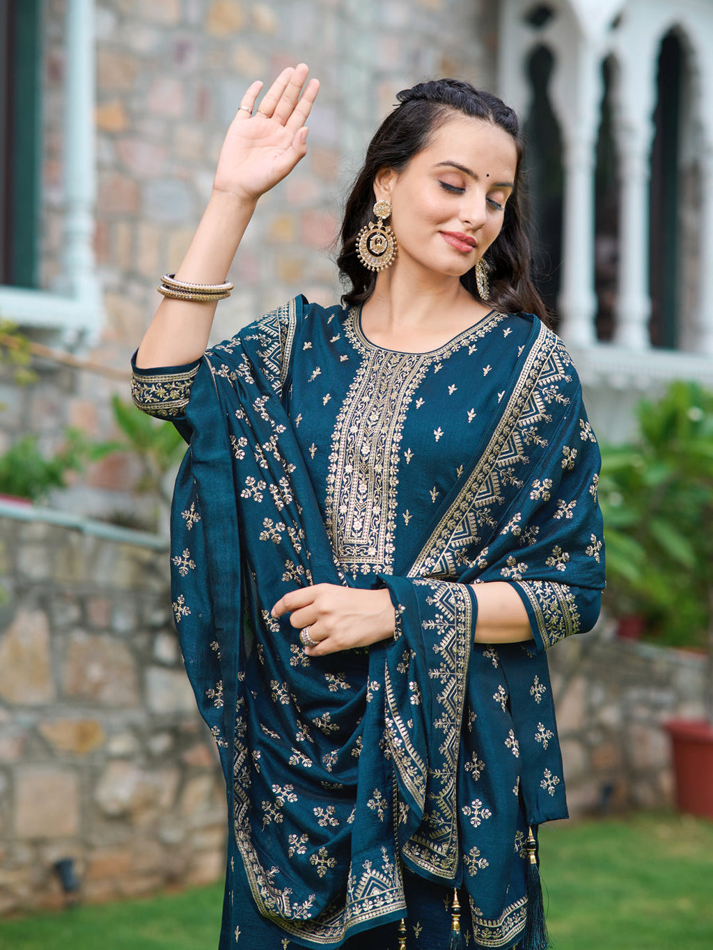 Embroidered Kurta With Pant & Embroidered Dupatta, Navy Blue - Hiral Fashion