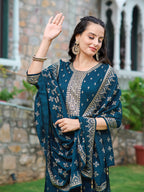 Embroidered Kurta With Pant & Embroidered Dupatta, Navy Blue - Hiral Fashion