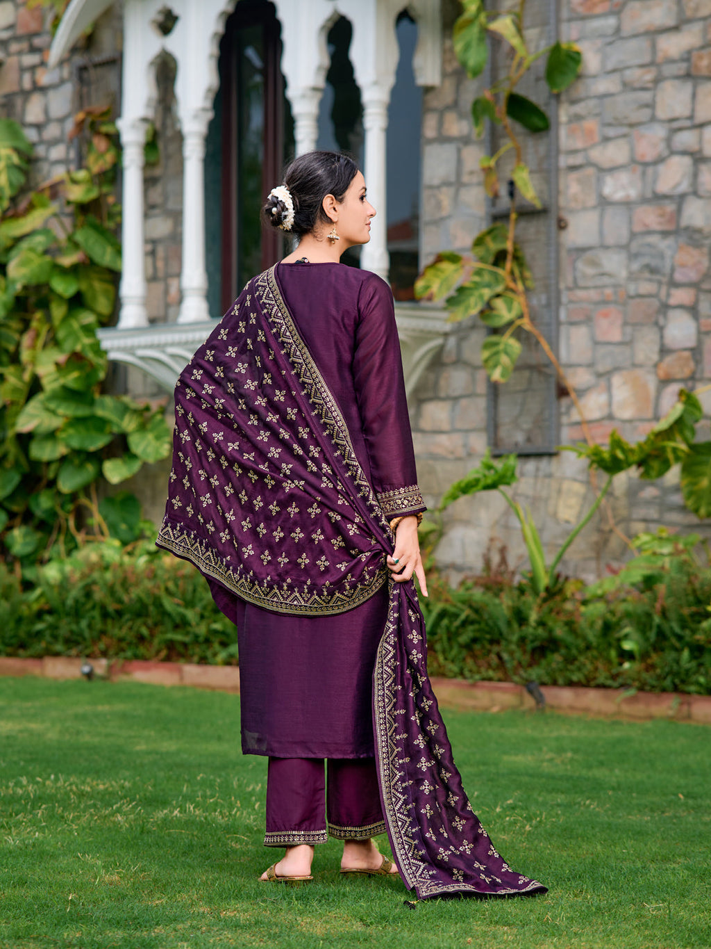 Embroidered Kurta With Pant & Embroidered Dupatta, Purple - Hiral Fashion