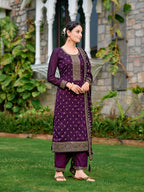Embroidered Kurta With Pant & Embroidered Dupatta, Purple - Hiral Fashion