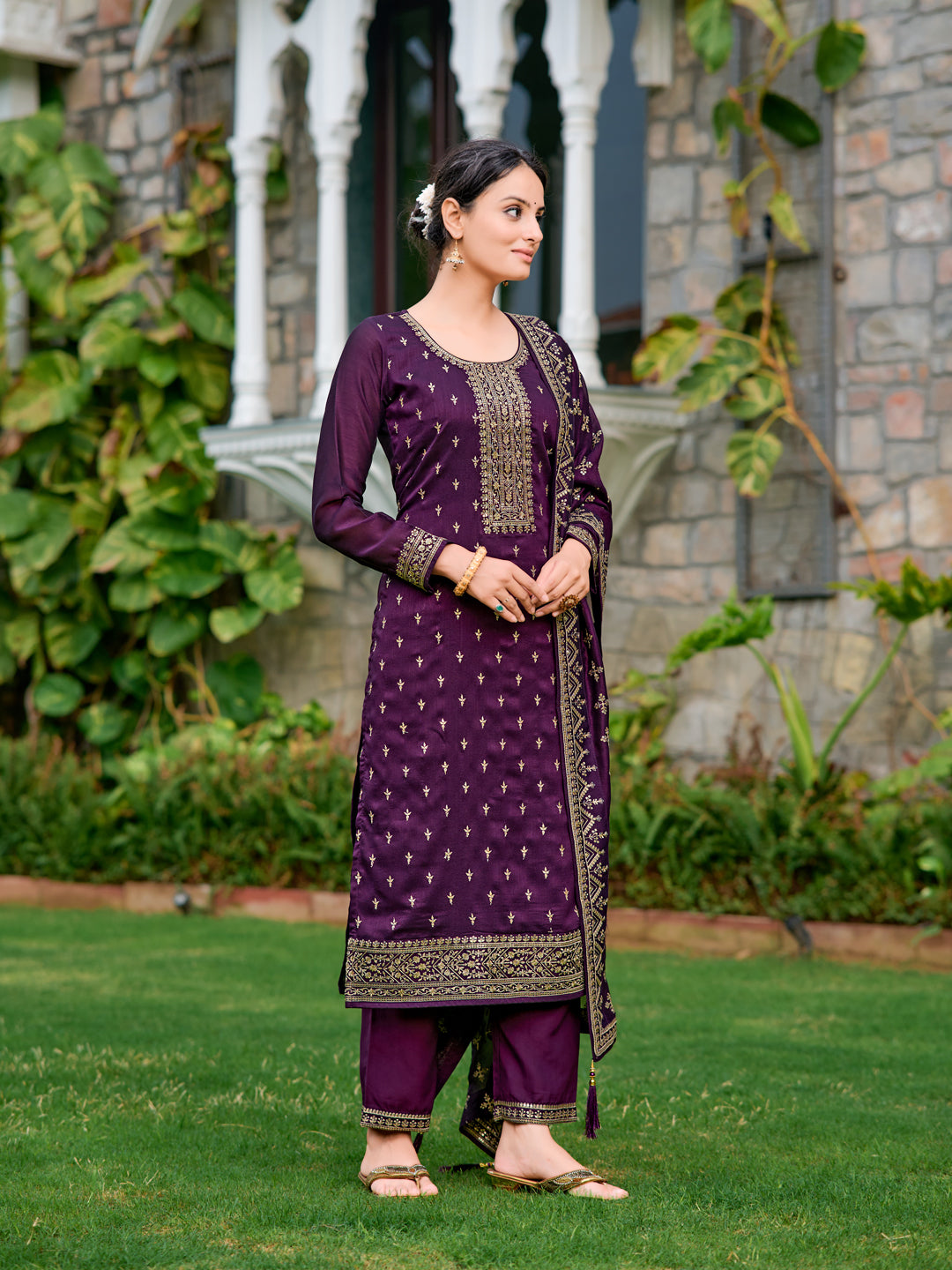 Embroidered Kurta With Pant & Embroidered Dupatta, Purple - Hiral Fashion