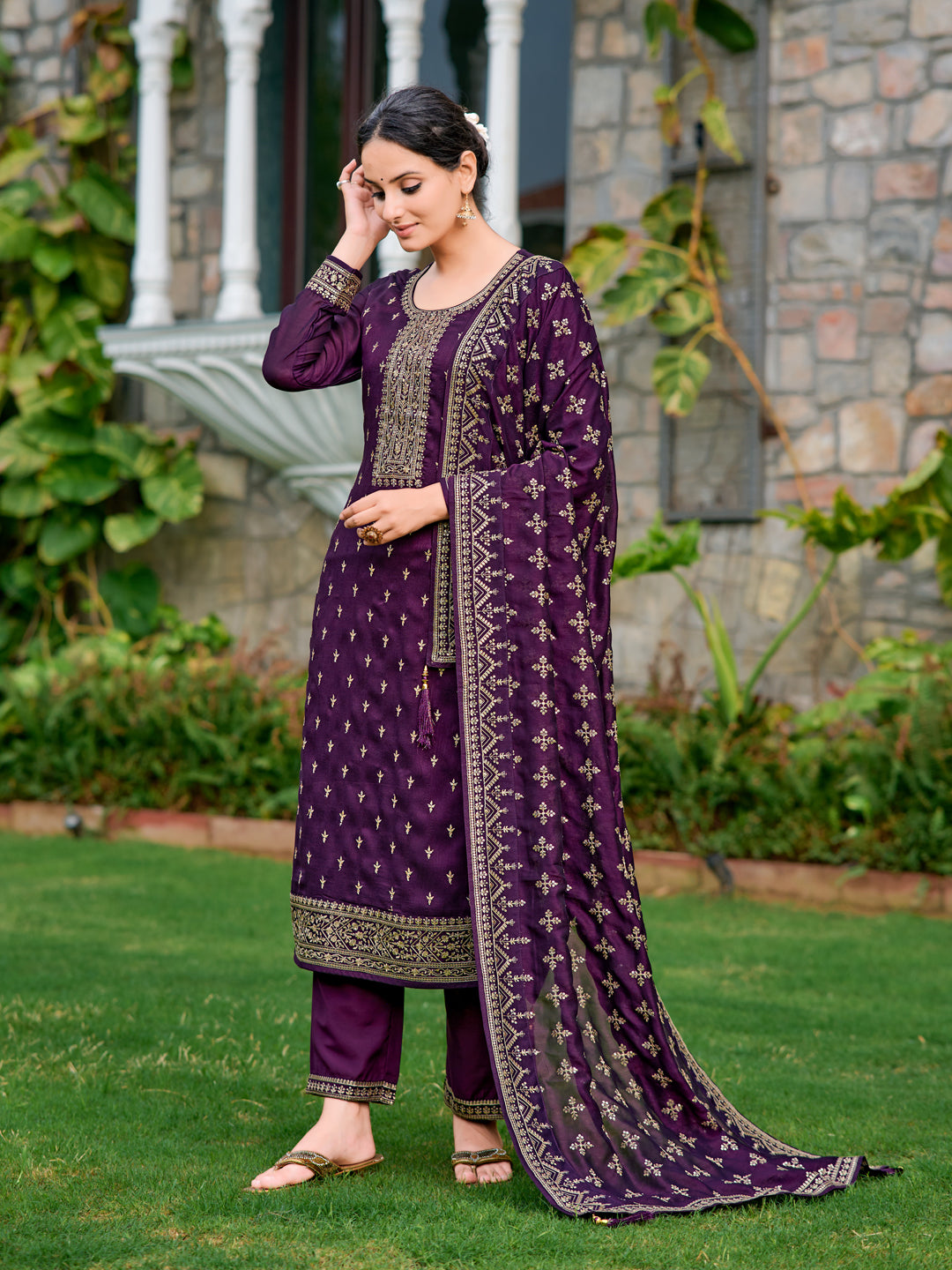 Embroidered Kurta With Pant & Embroidered Dupatta, Purple - Hiral Fashion
