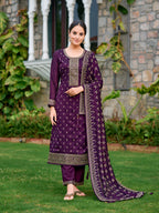 Embroidered Kurta With Pant & Embroidered Dupatta, Purple - Hiral Fashion