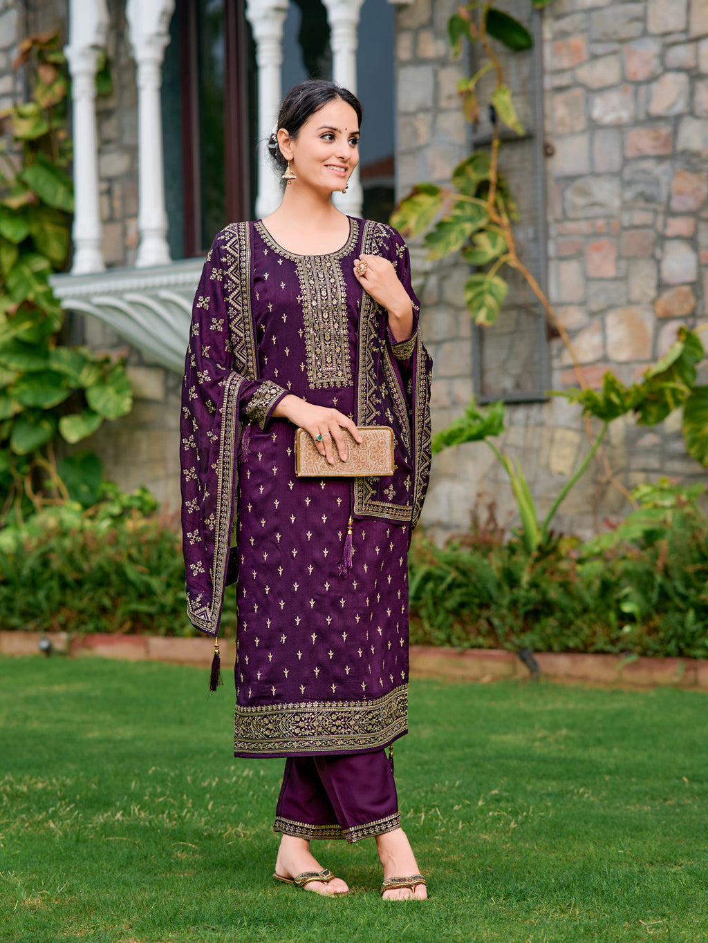 Embroidered Kurta With Pant & Embroidered Dupatta, Purple - Hiral Fashion