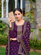 Embroidered Kurta With Pant & Embroidered Dupatta, Purple - Hiral Fashion