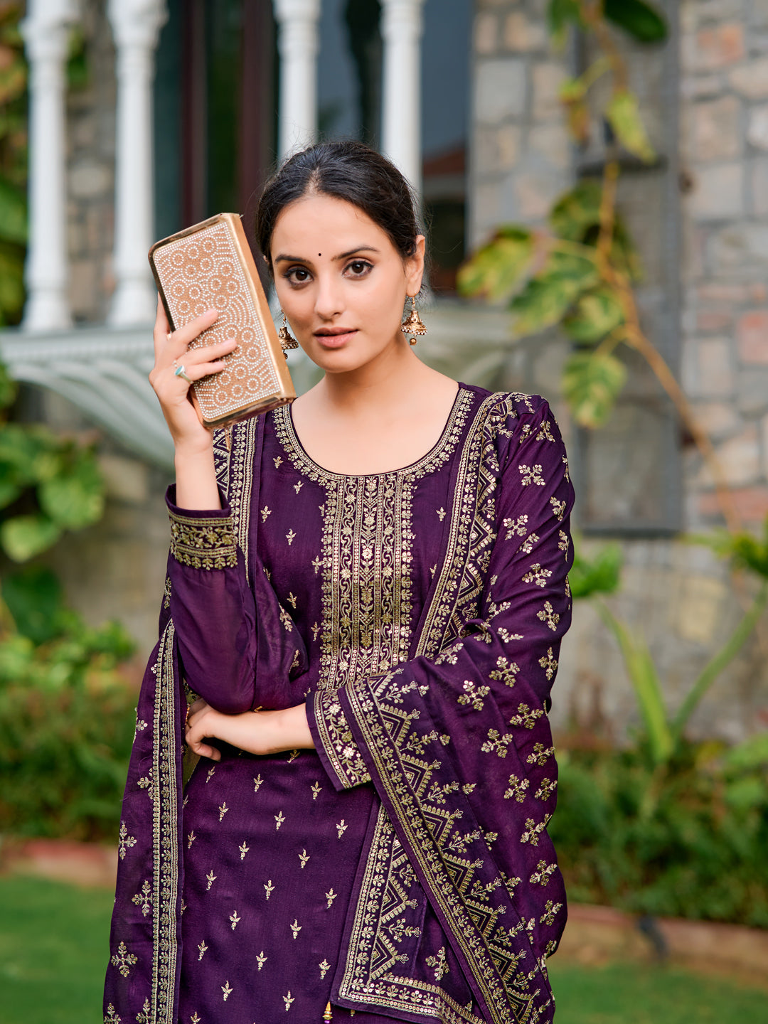 Embroidered Kurta With Pant & Embroidered Dupatta, Purple - Hiral Fashion