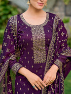 Embroidered Kurta With Pant & Embroidered Dupatta, Purple - Hiral Fashion
