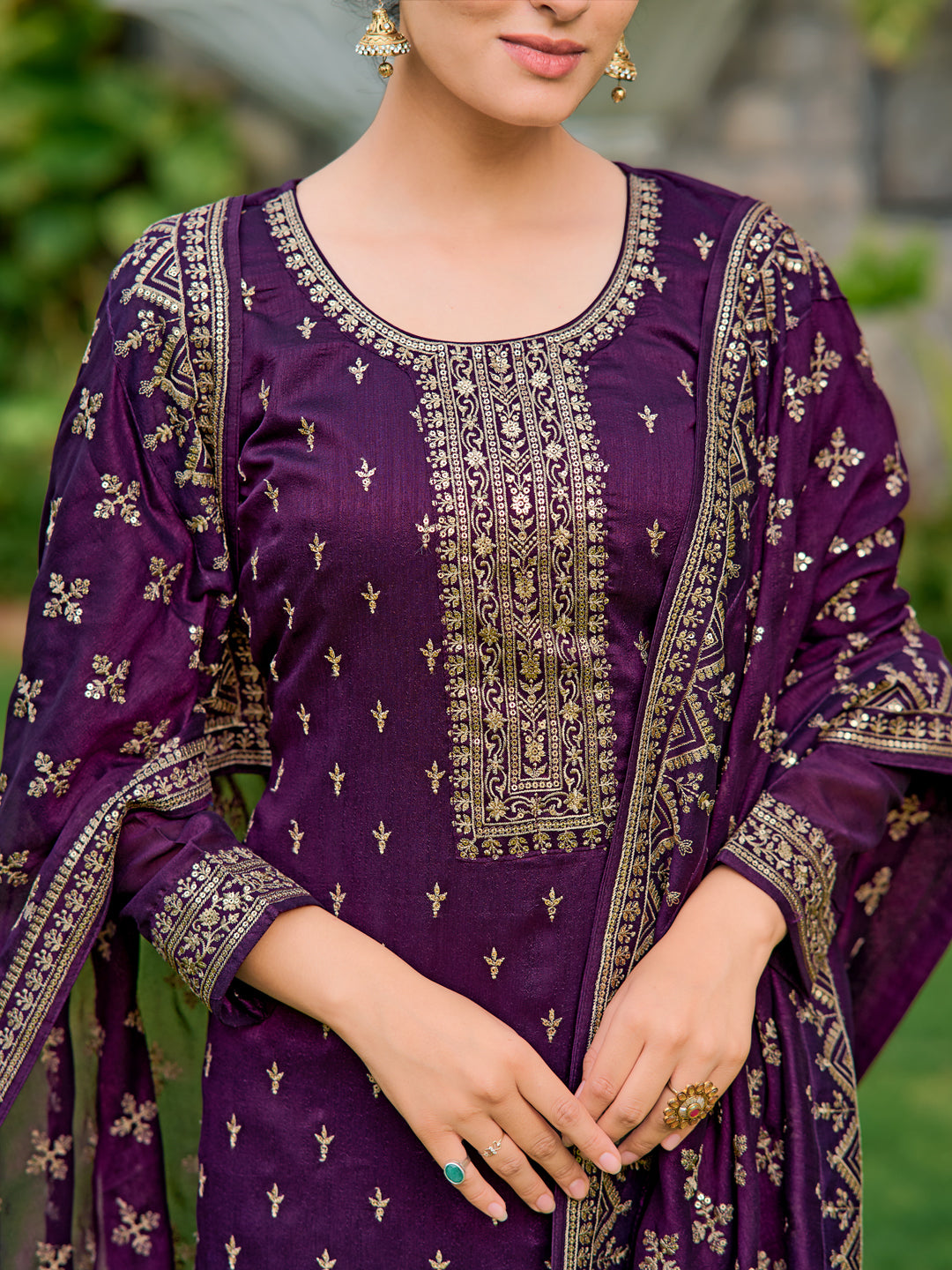 Embroidered Kurta With Pant & Embroidered Dupatta, Purple - Hiral Fashion