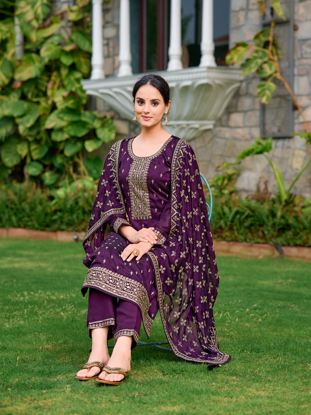 Embroidered Kurta With Pant & Embroidered Dupatta, Purple - Hiral Fashion