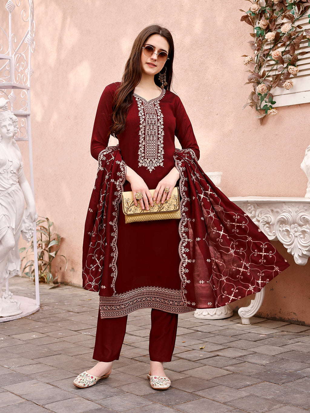 Sequinned Embroidered Kurta With Pant & Embroidered Dupatta Premium, Multicolor - Hiral Fashion
