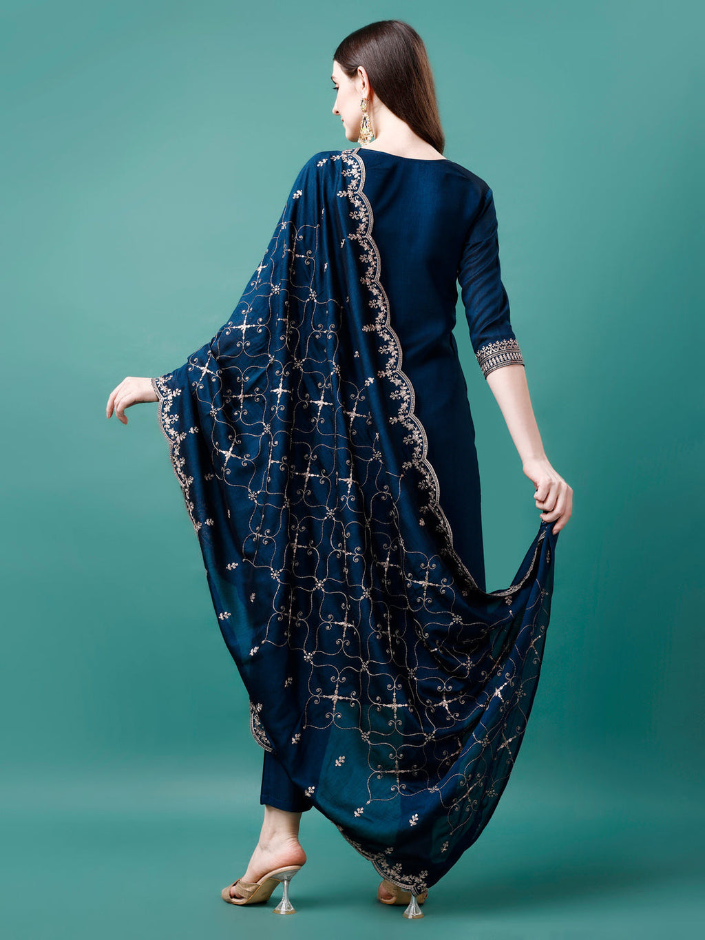 Sequined Embroidered Straight Kurta With Trousers & With Embroidered Dupatta Premium Luxury, Multicolor - Hiral Fashion