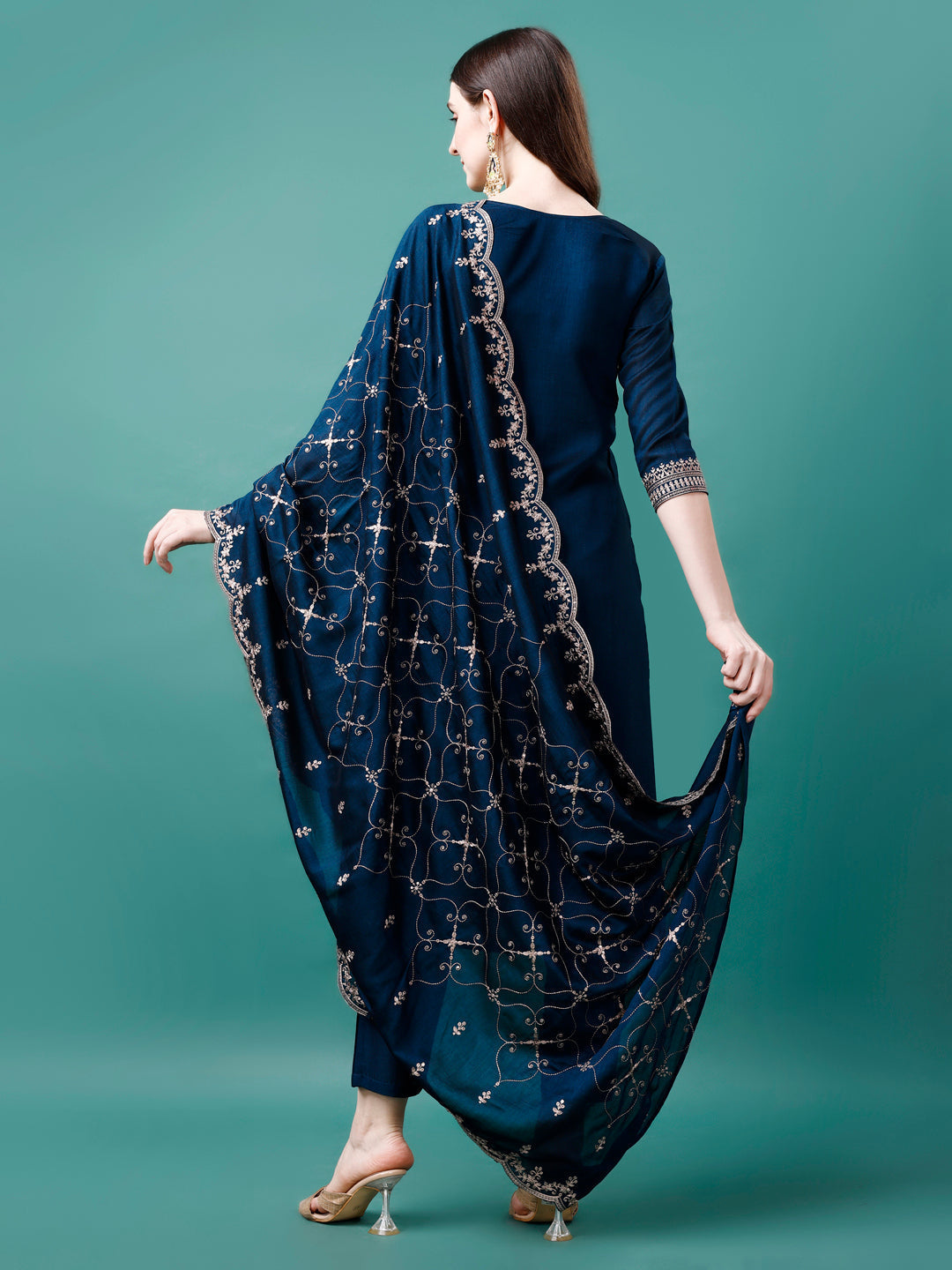 Sequined Embroidered Straight Kurta With Trousers & With Embroidered Dupatta Premium Luxury, Multicolor - Hiral Fashion