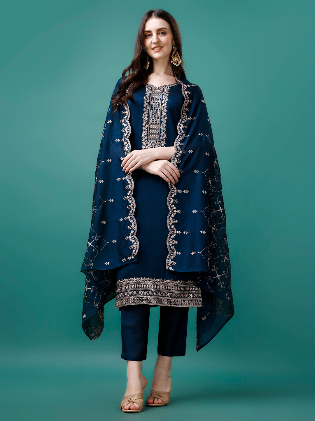 Sequined Embroidered Straight Kurta With Trousers & With Embroidered Dupatta Premium Luxury, Multicolor - Hiral Fashion