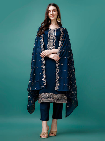 Sequined Embroidered Straight Kurta With Trousers & With Embroidered Dupatta Premium Luxury, Multicolor - Hiral Fashion