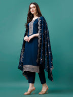 Sequined Embroidered Straight Kurta With Trousers & With Embroidered Dupatta Premium Luxury, Multicolor - Hiral Fashion