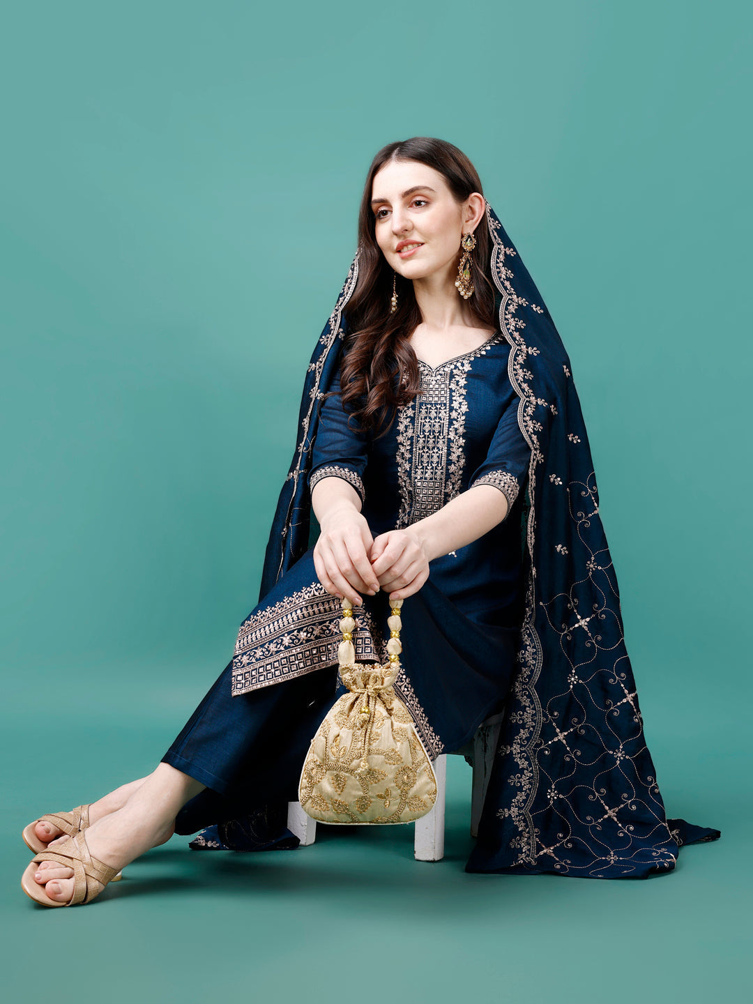 Sequined Embroidered Straight Kurta With Trousers & With Embroidered Dupatta Premium Luxury, Multicolor - Hiral Fashion