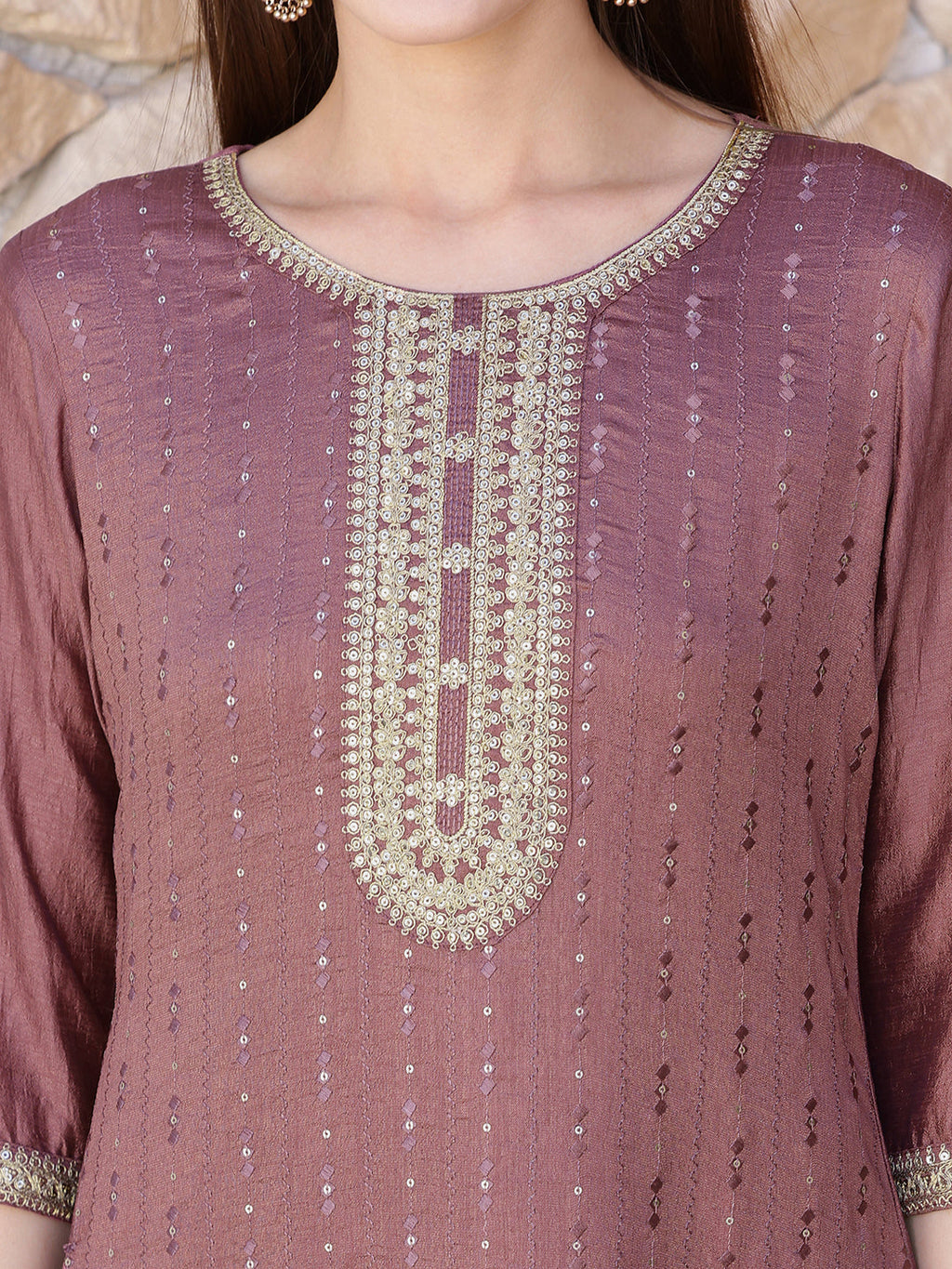 Sequined Embroidered Silk Blend Kurta With Pant & Embroidered Dupatta, Mauve - Hiral Fashion