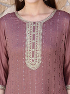 Sequined Embroidered Silk Blend Kurta With Pant & Embroidered Dupatta, Mauve - Hiral Fashion