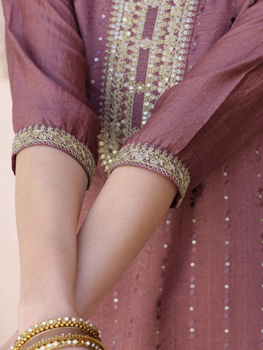 Sequined Embroidered Silk Blend Kurta With Pant & Embroidered Dupatta, Mauve - Hiral Fashion