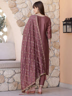 Sequined Embroidered Silk Blend Kurta With Pant & Embroidered Dupatta, Mauve - Hiral Fashion