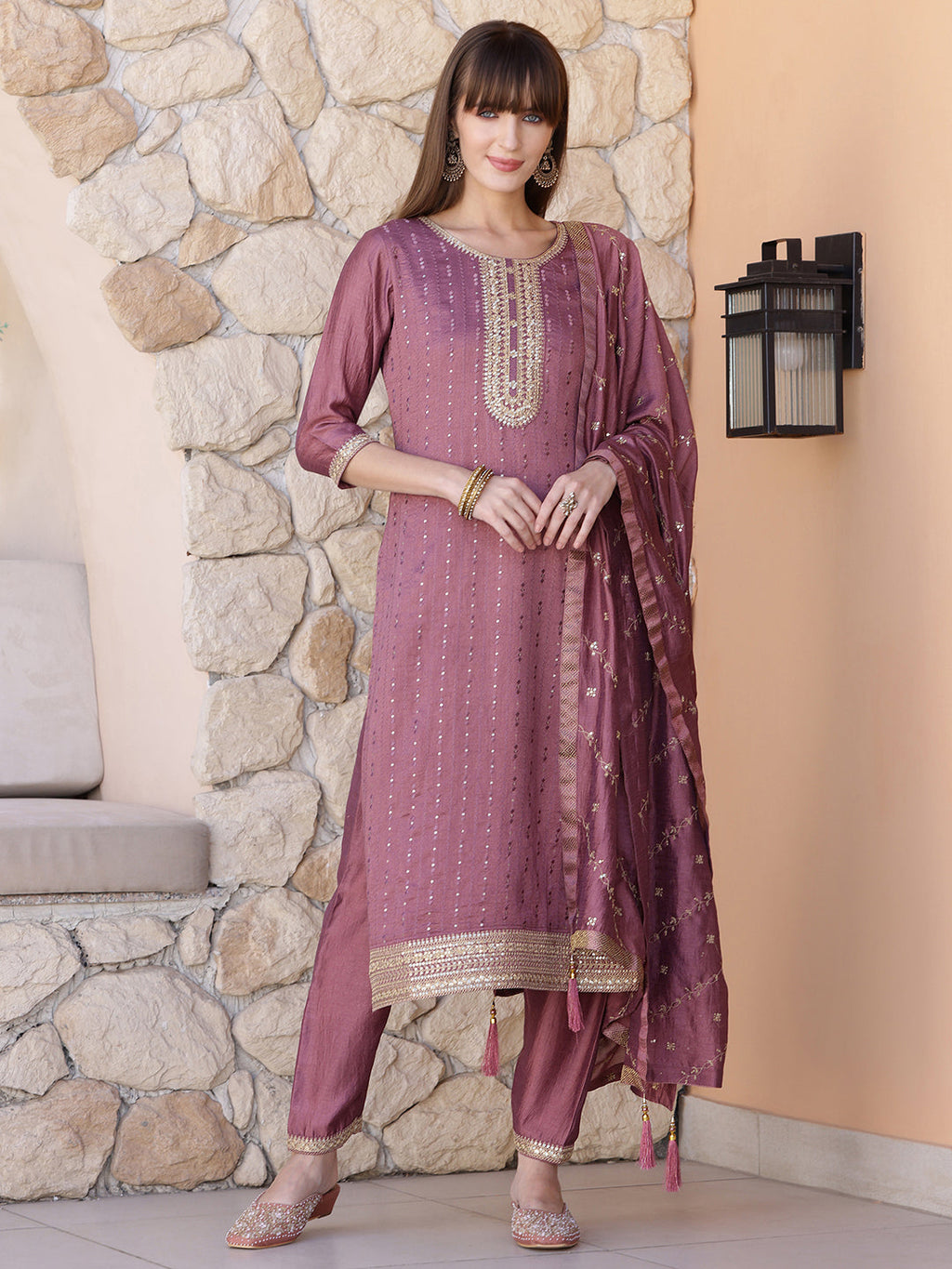 Sequined Embroidered Silk Blend Kurta With Pant & Embroidered Dupatta, Mauve - Hiral Fashion
