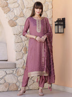 Sequined Embroidered Silk Blend Kurta With Pant & Embroidered Dupatta, Mauve - Hiral Fashion