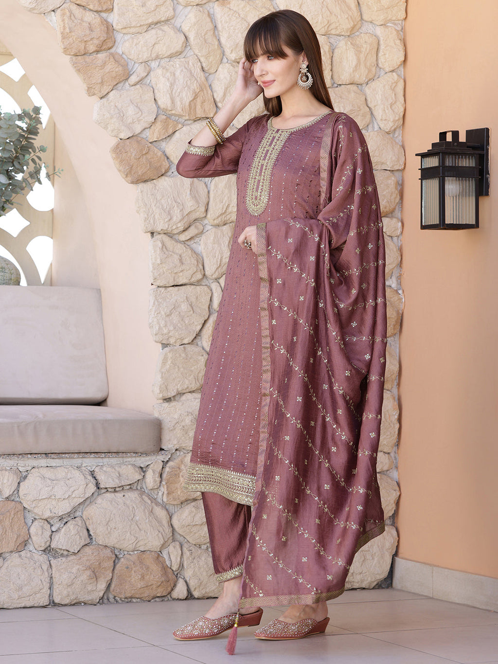 Sequined Embroidered Silk Blend Kurta With Pant & Embroidered Dupatta, Mauve - Hiral Fashion
