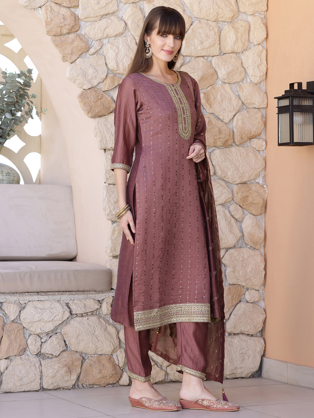 Sequined Embroidered Silk Blend Kurta With Pant & Embroidered Dupatta, Mauve - Hiral Fashion